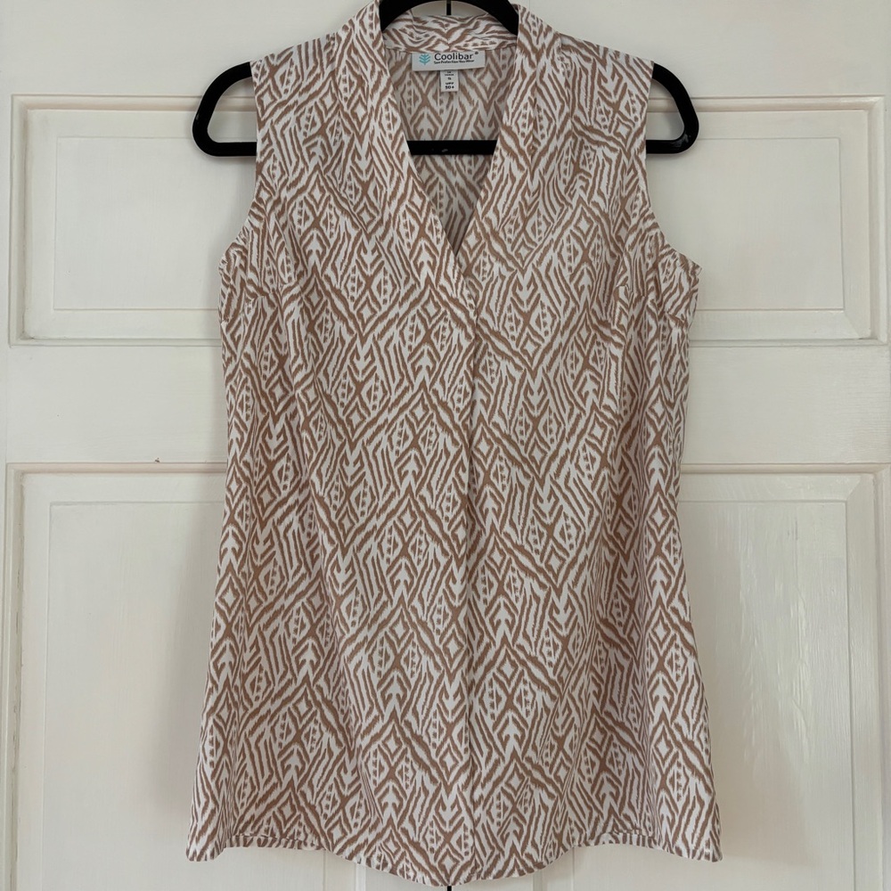 Coolibar Tan and White Sleeveless Blouse UPF 50 Patterned Size Small Vacation‎